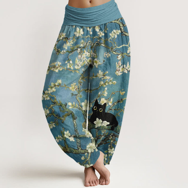 Buddha Stones Damen-Haremshose aus reiner Baumwolle mit botanischem Blüten- und Katzenmuster, elastischem Bund - Kadettenblau - US16, UK/AU20, EU48 (3XL) - image 0