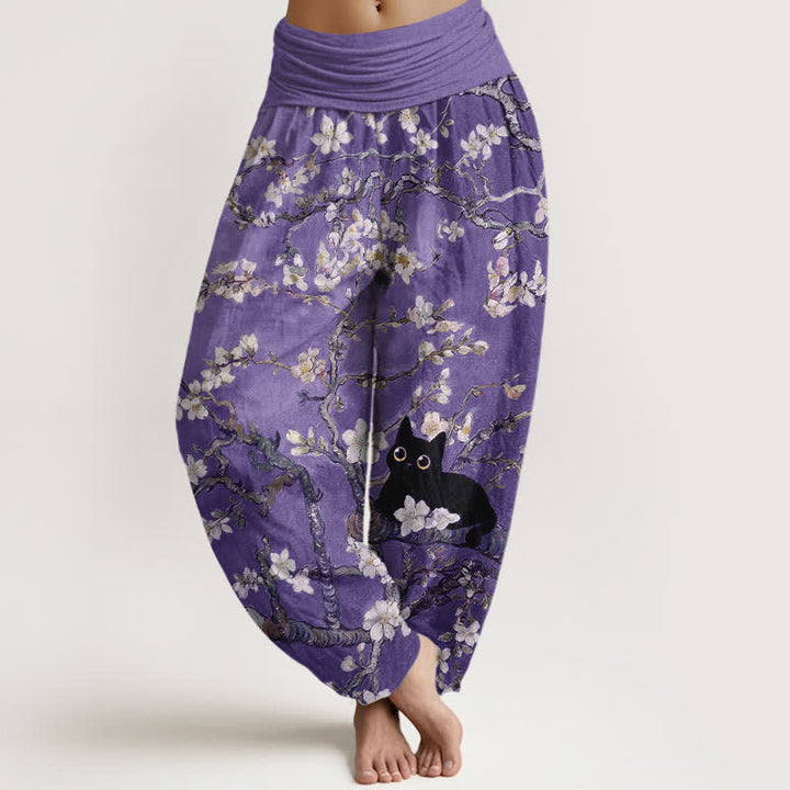 Buddha Stones Damen-Haremshose aus reiner Baumwolle mit botanischem Blüten- und Katzenmuster, elastischem Bund - Mittelviolett - US16, UK/AU20, EU48 (3XL) - image 5