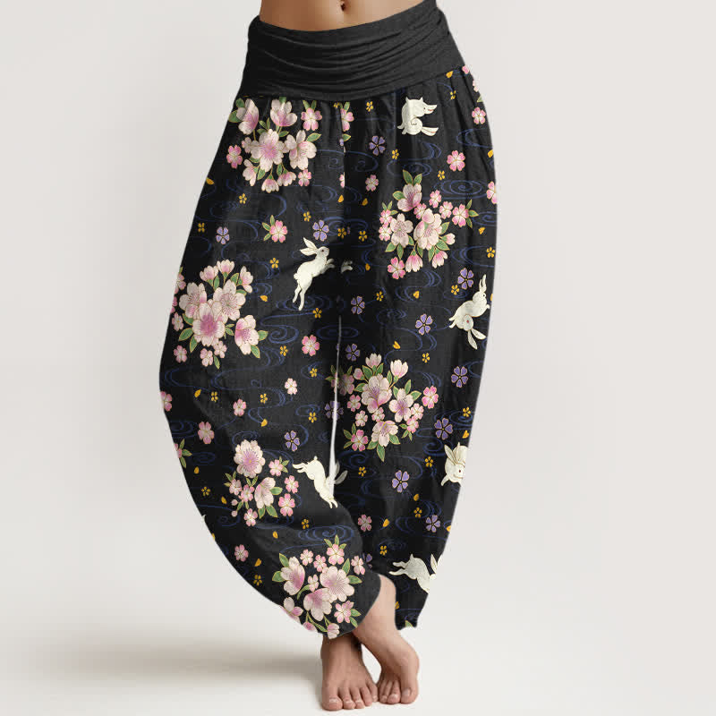 Buddha Stones Damen-Haremshose aus reiner Baumwolle mit floralem Kaninchenmuster und elastischem Bund - Schwarz - US16, UK/AU20, EU48 (3XL) - image 8