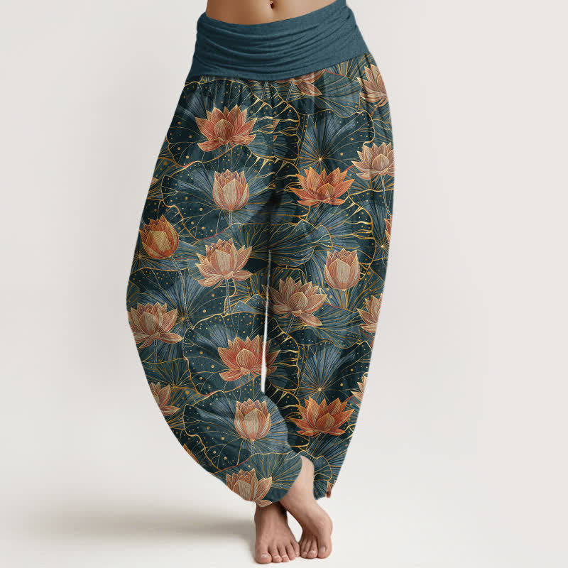 Buddha Stones Damen-Haremshose aus reiner Baumwolle mit Lotusblütenmuster und elastischem Bund - Türkis - US16, UK/AU20, EU48 (3XL) - image 0