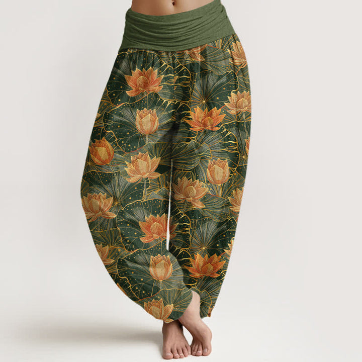 Buddha Stones Damen-Haremshose aus reiner Baumwolle mit Lotusblütenmuster und elastischem Bund - Dunkelolivgrün - US16, UK/AU20, EU48 (3XL) - image 5