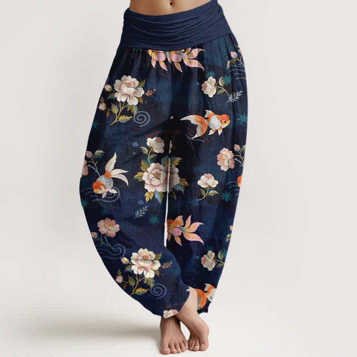 Buddha Stones Damen-Haremshose aus reiner Baumwolle mit Koi-Fisch- und Blumenmuster, elastischem Bund - Mitternachtsblau - US16, UK/AU20, EU48 (3XL) - image 0