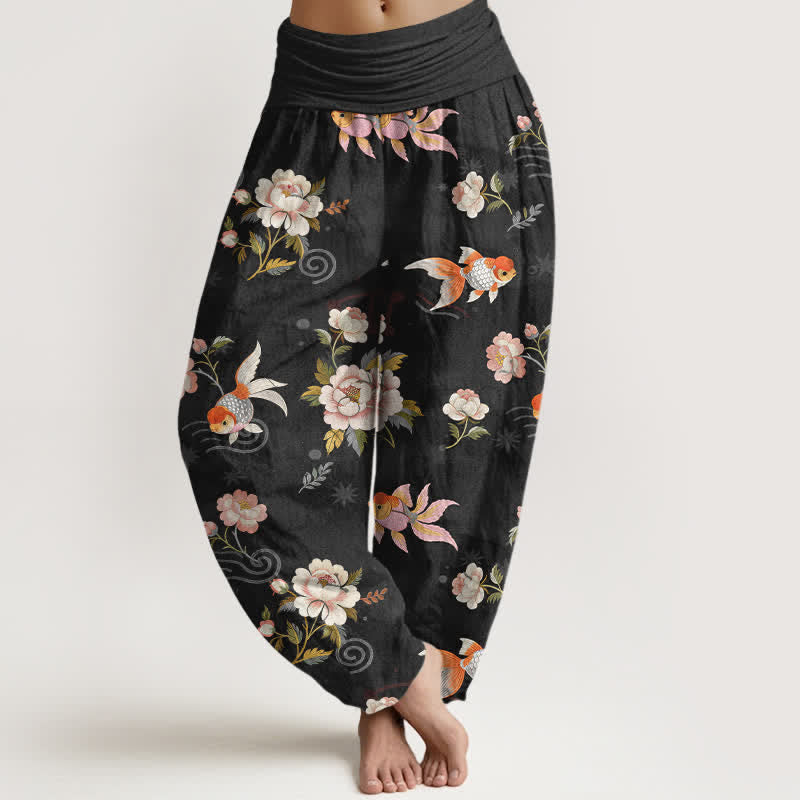 Buddha Stones Damen-Haremshose aus reiner Baumwolle mit Koi-Fisch- und Blumenmuster, elastischem Bund - Schwarz - US16, UK/AU20, EU48 (3XL) - image 8
