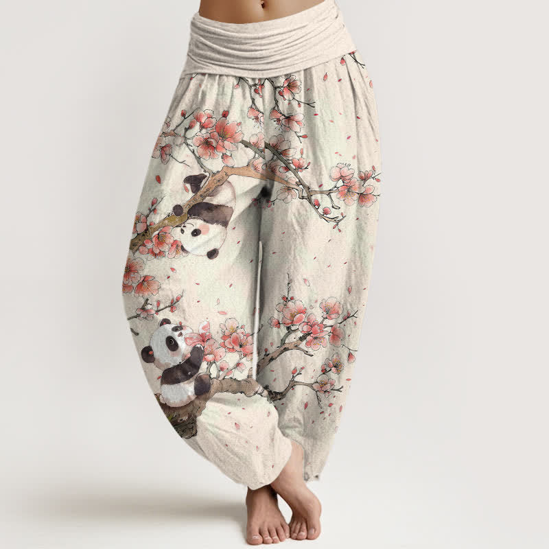 Buddha Stones Damen-Haremshose aus reiner Baumwolle mit Panda- und Kirschblütenmuster und elastischem Bund - Leinen - US16, UK/AU20, EU48 (3XL) - image 0