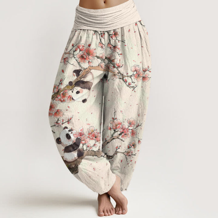 Buddha Stones Damen-Haremshose aus reiner Baumwolle mit Panda- und Kirschblütenmuster und elastischem Bund - Leinen - US16, UK/AU20, EU48 (3XL) - image 0