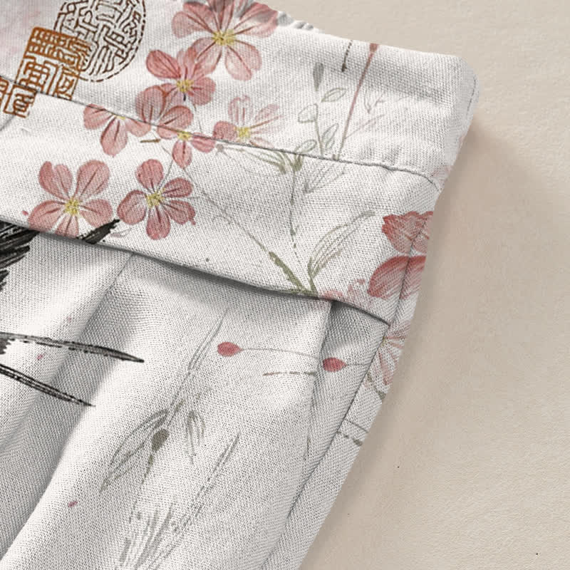 Buddha Stones Damenhose aus Baumwoll-Leinen-Mischgewebe mit floralem Vogelmuster, elastischem Bund, weitem Bein und Taschen - image 3