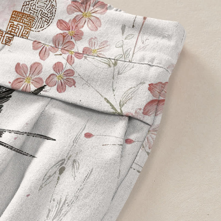 Buddha Stones Damenhose aus Baumwoll-Leinen-Mischgewebe mit floralem Vogelmuster, elastischem Bund, weitem Bein und Taschen - image 3