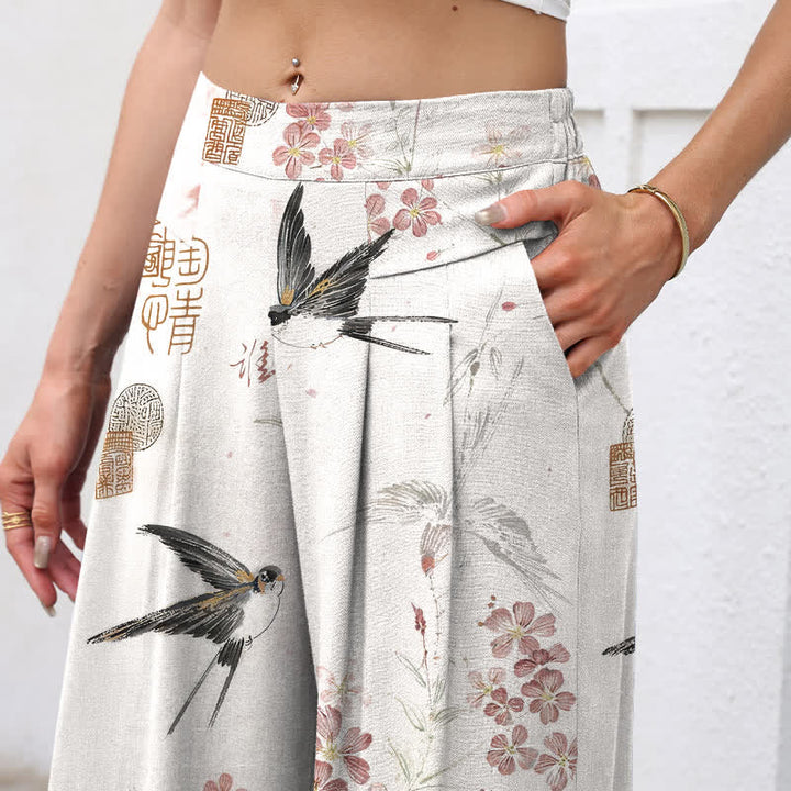 Buddha Stones Damenhose aus Baumwoll-Leinen-Mischgewebe mit floralem Vogelmuster, elastischem Bund, weitem Bein und Taschen - image 2