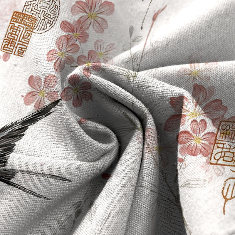 Buddha Stones Damenhose aus Baumwoll-Leinen-Mischgewebe mit floralem Vogelmuster, elastischem Bund, weitem Bein und Taschen - image 4