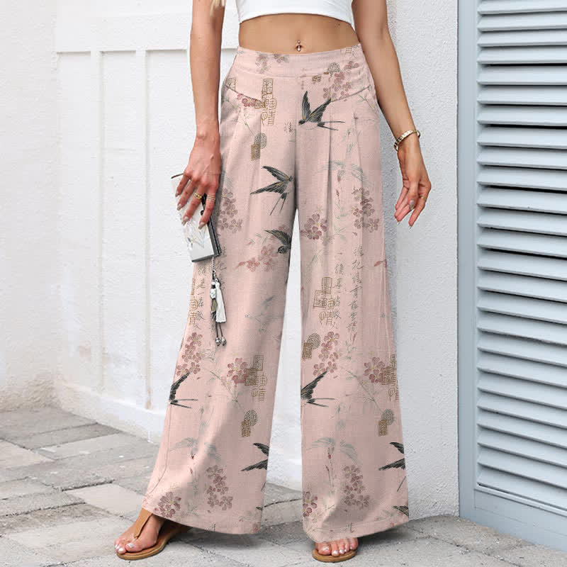 Buddha Stones Damenhose aus Baumwoll-Leinen-Mischgewebe mit floralem Vogelmuster, elastischem Bund, weitem Bein und Taschen - image 6