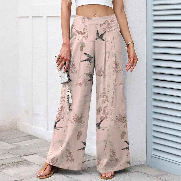 Buddha Stones Damenhose aus Baumwoll-Leinen-Mischgewebe mit floralem Vogelmuster, elastischem Bund, weitem Bein und Taschen - image 6