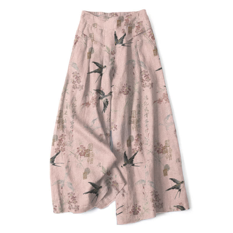 Buddha Stones Damenhose aus Baumwoll-Leinen-Mischgewebe mit floralem Vogelmuster, elastischem Bund, weitem Bein und Taschen - Hellrosa - US16, UK/AU20, EU48 (3XL) - image 5