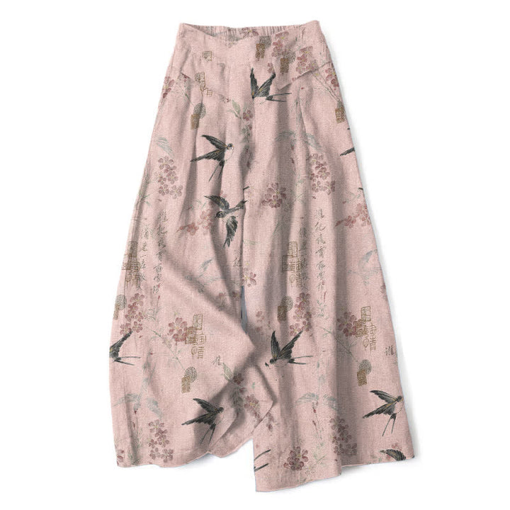 Buddha Stones Damenhose aus Baumwoll-Leinen-Mischgewebe mit floralem Vogelmuster, elastischem Bund, weitem Bein und Taschen - Hellrosa - US16, UK/AU20, EU48 (3XL) - image 5