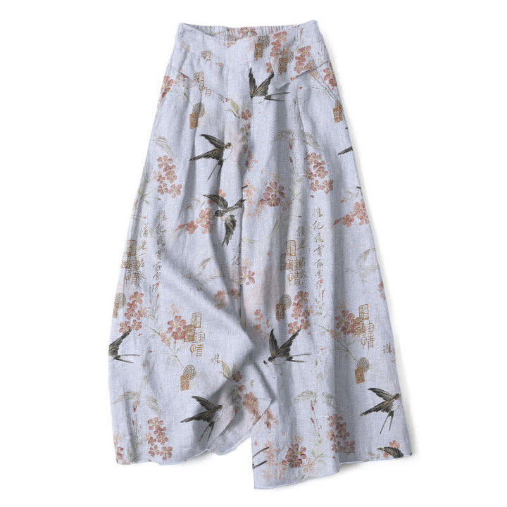 Buddha Stones Damenhose aus Baumwoll-Leinen-Mischgewebe mit floralem Vogelmuster, elastischem Bund, weitem Bein und Taschen - Hellstahlblau - US16, UK/AU20, EU48 (3XL) - image 7