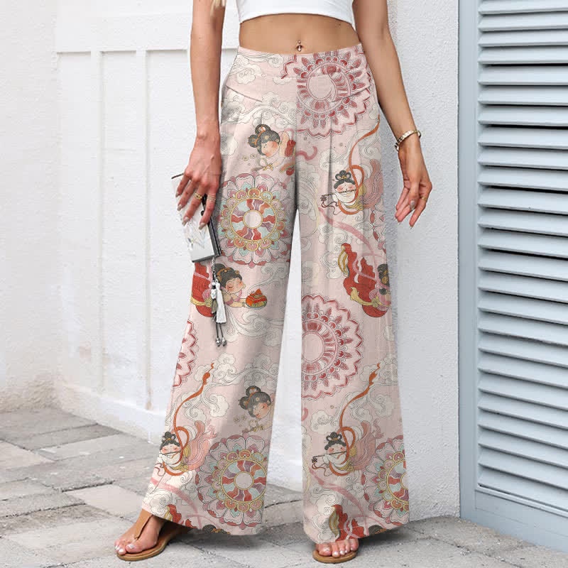 Buddha Stones Damenhose mit weitem Bein, elastischem Bund und Taschen, Baumwoll-Leinen-Mix mit Feen- und Blumenmuster - image 1