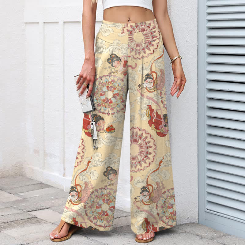 Buddha Stones Damenhose mit weitem Bein, elastischem Bund und Taschen, Baumwoll-Leinen-Mix mit Feen- und Blumenmuster - image 6