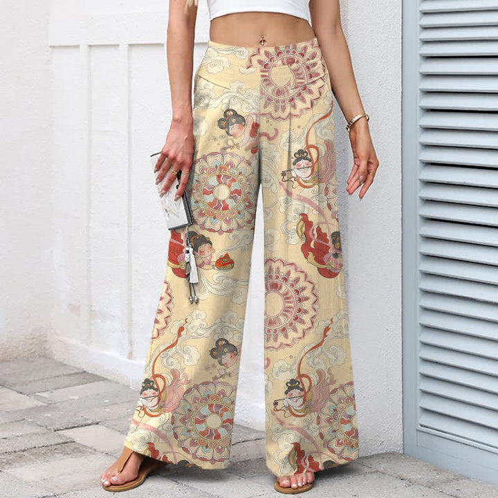 Buddha Stones Damenhose mit weitem Bein, elastischem Bund und Taschen, Baumwoll-Leinen-Mix mit Feen- und Blumenmuster - image 6