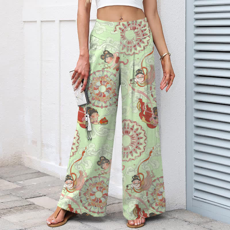 Buddha Stones Damenhose mit weitem Bein, elastischem Bund und Taschen, Baumwoll-Leinen-Mix mit Feen- und Blumenmuster - image 8