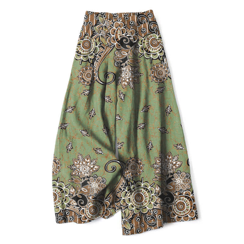 Buddha Stones Damenhose aus Baumwoll-Leinen-Mischgewebe im Boho-Stil mit Mandala-Muster, elastischem Bund, weitem Bein und Taschen - Olivgrün - US16, UK/AU20, EU48 (3XL) - image 0