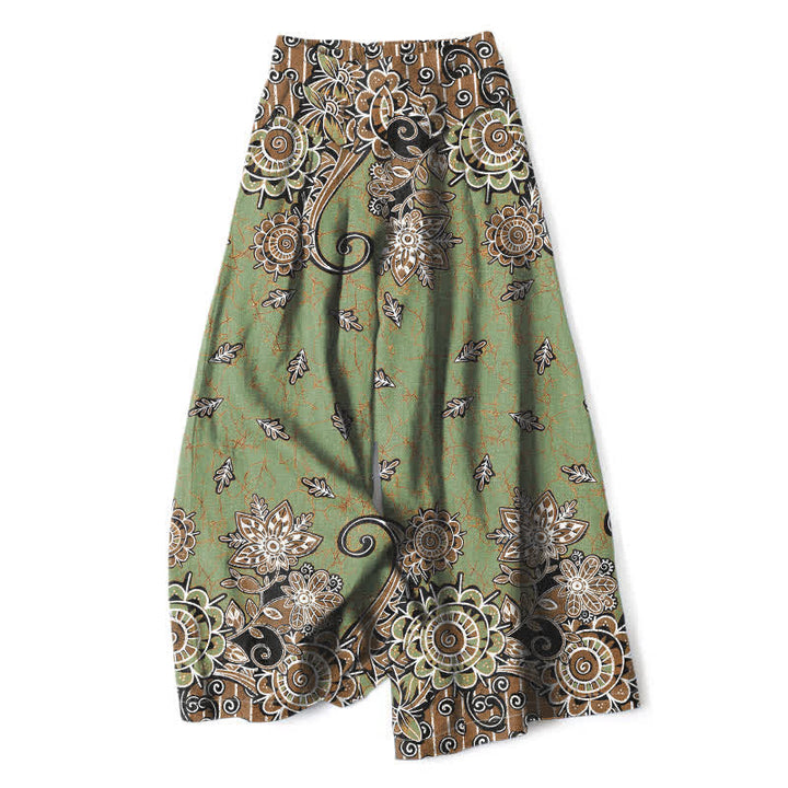 Buddha Stones Damenhose aus Baumwoll-Leinen-Mischgewebe im Boho-Stil mit Mandala-Muster, elastischem Bund, weitem Bein und Taschen - Olivgrün - US16, UK/AU20, EU48 (3XL) - image 0