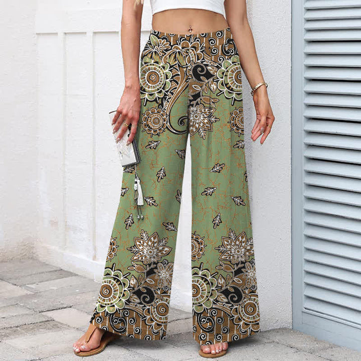 Buddha Stones Damenhose aus Baumwoll-Leinen-Mischgewebe im Boho-Stil mit Mandala-Muster, elastischem Bund, weitem Bein und Taschen - image 1