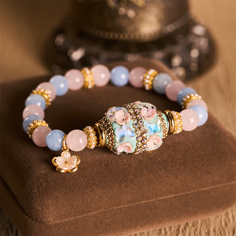 Buddha Stones Rosenquarz, blauer Chalcedon, Kupfer, Fassperle, Blumenanhänger, Armband mit runder Liebesperle - Rosenquarz und blauer Chalcedon (Handgelenkumfang: 15–16 cm) - image 0