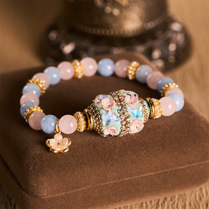 Buddha Stones Rosenquarz, blauer Chalcedon, Kupfer, Fassperle, Blumenanhänger, Armband mit runder Liebesperle - Rosenquarz und blauer Chalcedon (Handgelenkumfang: 15–16 cm) - image 0