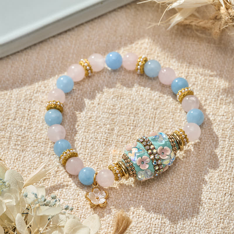 Buddha Stones Rosenquarz, blauer Chalcedon, Kupfer, Fassperle, Blumenanhänger, Armband mit runder Liebesperle - image 1