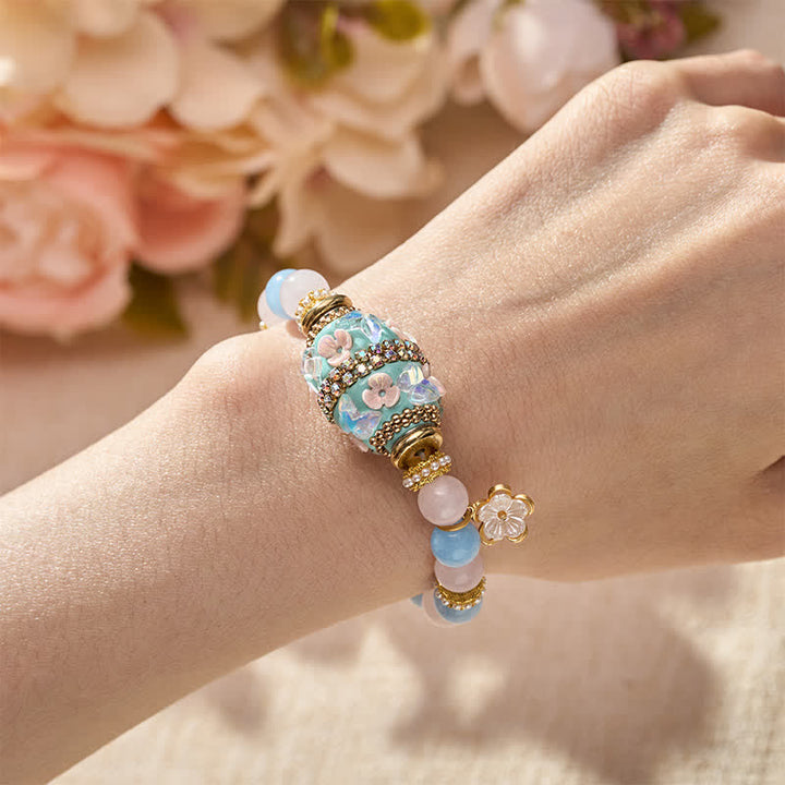 Buddha Stones Rosenquarz, blauer Chalcedon, Kupfer, Fassperle, Blumenanhänger, Armband mit runder Liebesperle - image 4