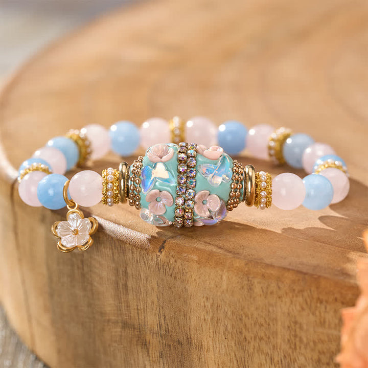 Buddha Stones Rosenquarz, blauer Chalcedon, Kupfer, Fassperle, Blumenanhänger, Armband mit runder Liebesperle - image 3