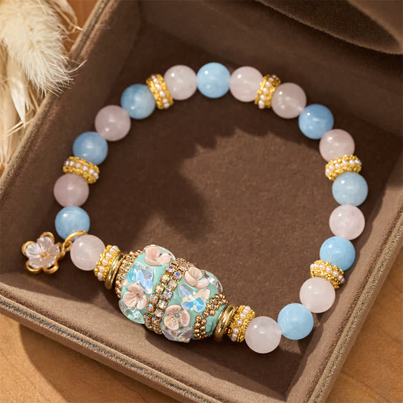 Buddha Stones Rosenquarz, blauer Chalcedon, Kupfer, Fassperle, Blumenanhänger, Armband mit runder Liebesperle - image 2