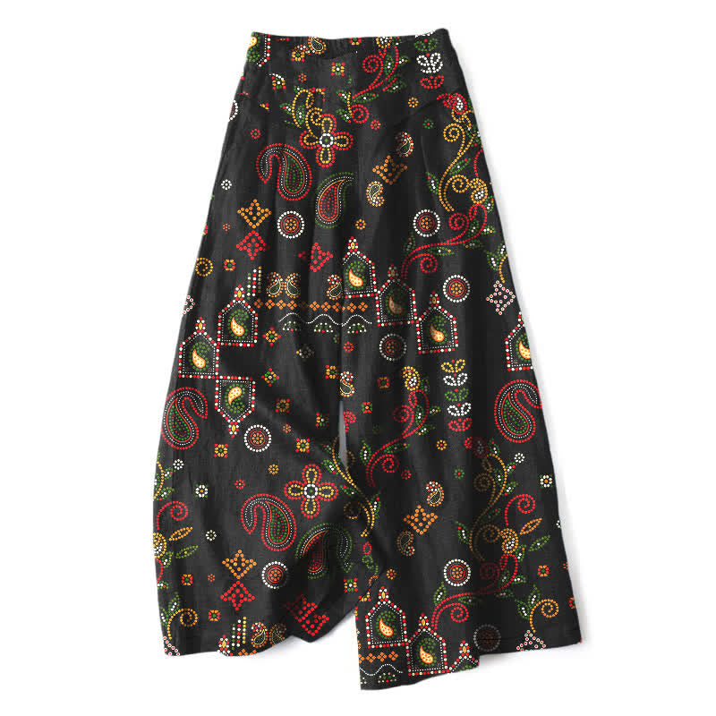 Buddha Stones Damenhose mit weitem Bein, elastischem Bund und Taschen aus Baumwoll-Leinen-Mischgewebe mit floralem, volkstümlichem Muster und floralem Muster im Landhausstil. - Schwarz - US16, UK/AU20, EU48 (3XL) - image 0