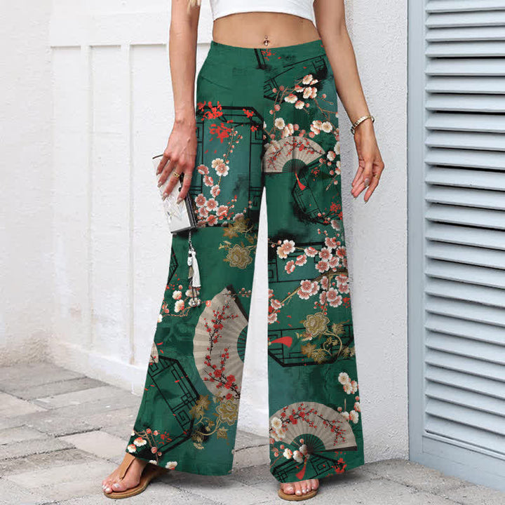 Buddha Stones Damenhose aus Baumwoll-Leinen-Mischgewebe mit orientalischem Blumenfächermuster, elastischem Bund, weitem Bein und Taschen - image 1