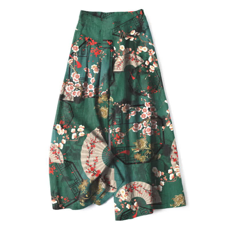 Buddha Stones Damenhose aus Baumwoll-Leinen-Mischgewebe mit orientalischem Blumenfächermuster, elastischem Bund, weitem Bein und Taschen - Dunkelgrün - US16, UK/AU20, EU48 (3XL) - image 0