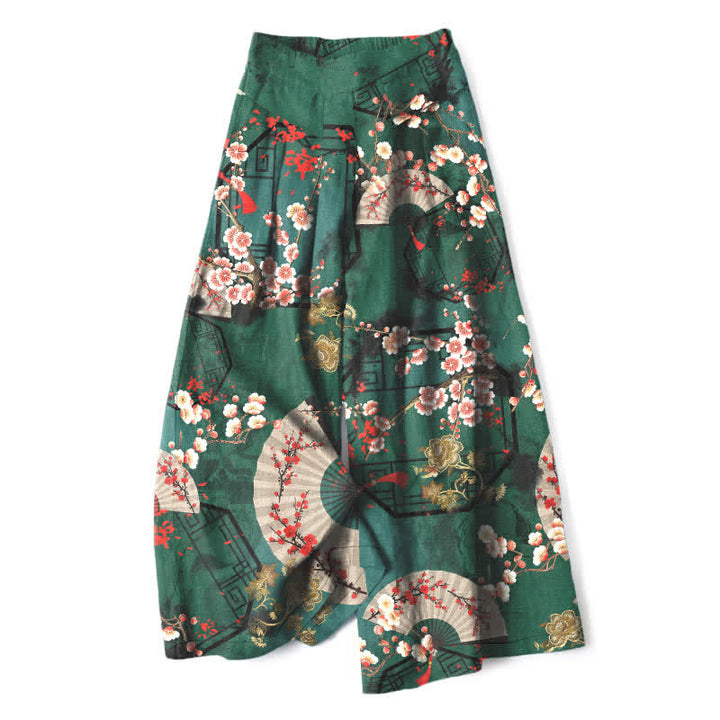 Buddha Stones Damenhose aus Baumwoll-Leinen-Mischgewebe mit orientalischem Blumenfächermuster, elastischem Bund, weitem Bein und Taschen - Dunkelgrün - US16, UK/AU20, EU48 (3XL) - image 0