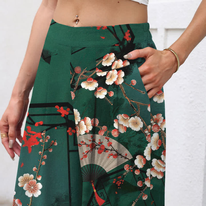 Buddha Stones Damenhose aus Baumwoll-Leinen-Mischgewebe mit orientalischem Blumenfächermuster, elastischem Bund, weitem Bein und Taschen - image 2