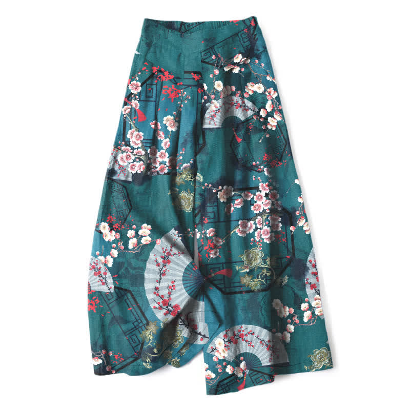 Buddha Stones Damenhose aus Baumwoll-Leinen-Mischgewebe mit orientalischem Blumenfächermuster, elastischem Bund, weitem Bein und Taschen - Türkis - US16, UK/AU20, EU48 (3XL) - image 5