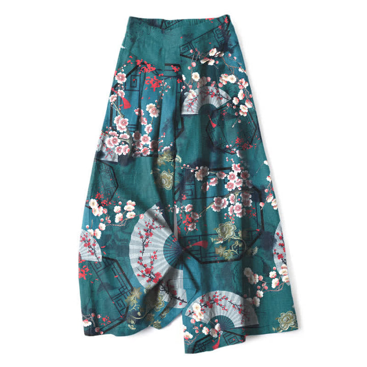 Buddha Stones Damenhose aus Baumwoll-Leinen-Mischgewebe mit orientalischem Blumenfächermuster, elastischem Bund, weitem Bein und Taschen - Türkis - US16, UK/AU20, EU48 (3XL) - image 5