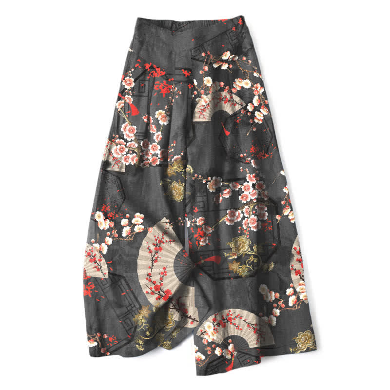 Buddha Stones Damenhose aus Baumwoll-Leinen-Mischgewebe mit orientalischem Blumenfächermuster, elastischem Bund, weitem Bein und Taschen - DimGray - US16, UK/AU20, EU48 (3XL) - image 7