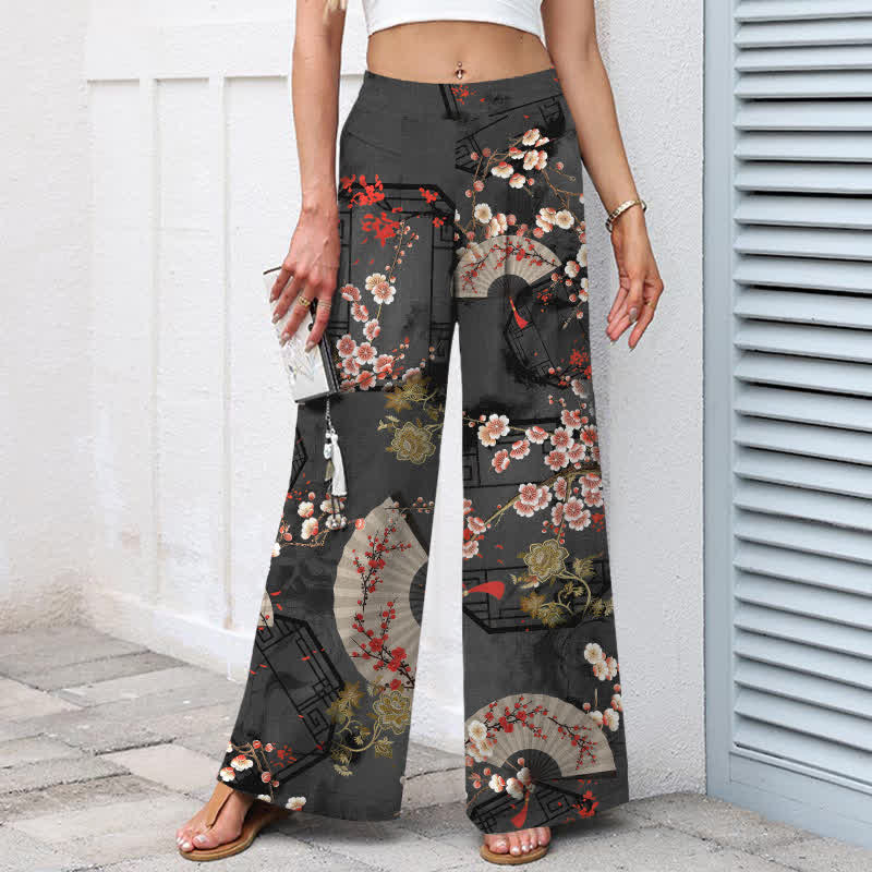 Buddha Stones Damenhose aus Baumwoll-Leinen-Mischgewebe mit orientalischem Blumenfächermuster, elastischem Bund, weitem Bein und Taschen - image 8