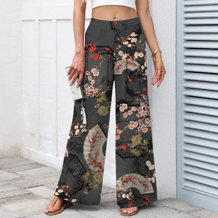 Buddha Stones Damenhose aus Baumwoll-Leinen-Mischgewebe mit orientalischem Blumenfächermuster, elastischem Bund, weitem Bein und Taschen - image 8