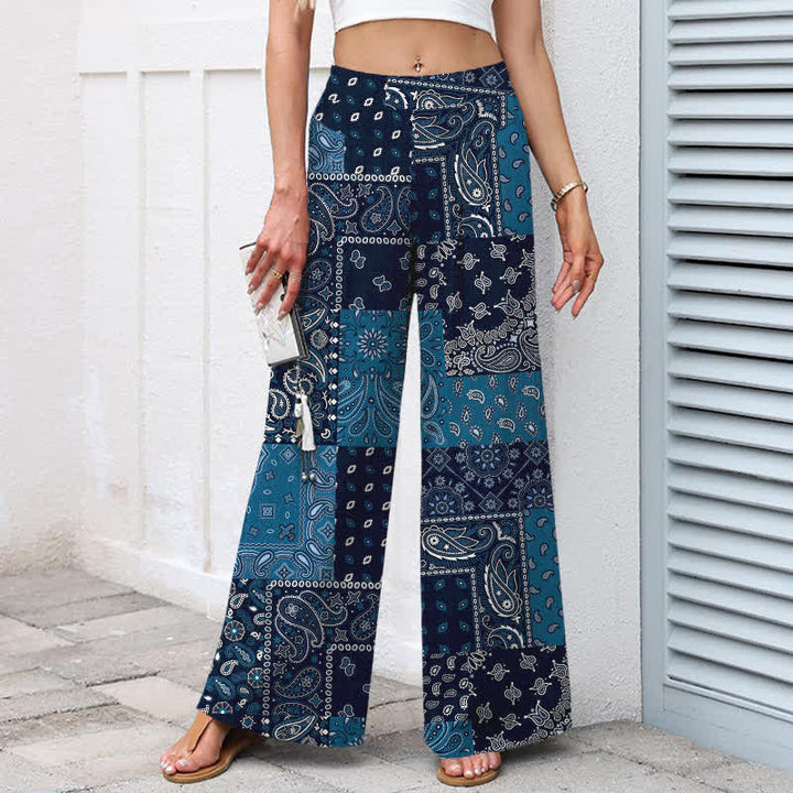 Buddha Stones Damenhose mit weitem Bein und elastischem Bund, Taschen, Vintage-Paisley-Patchworkmuster aus Baumwoll-Leinen - image 1