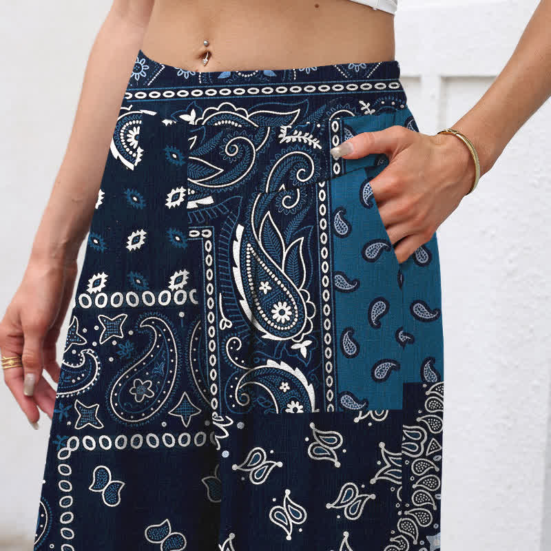 Buddha Stones Damenhose mit weitem Bein und elastischem Bund, Taschen, Vintage-Paisley-Patchworkmuster aus Baumwoll-Leinen - image 2