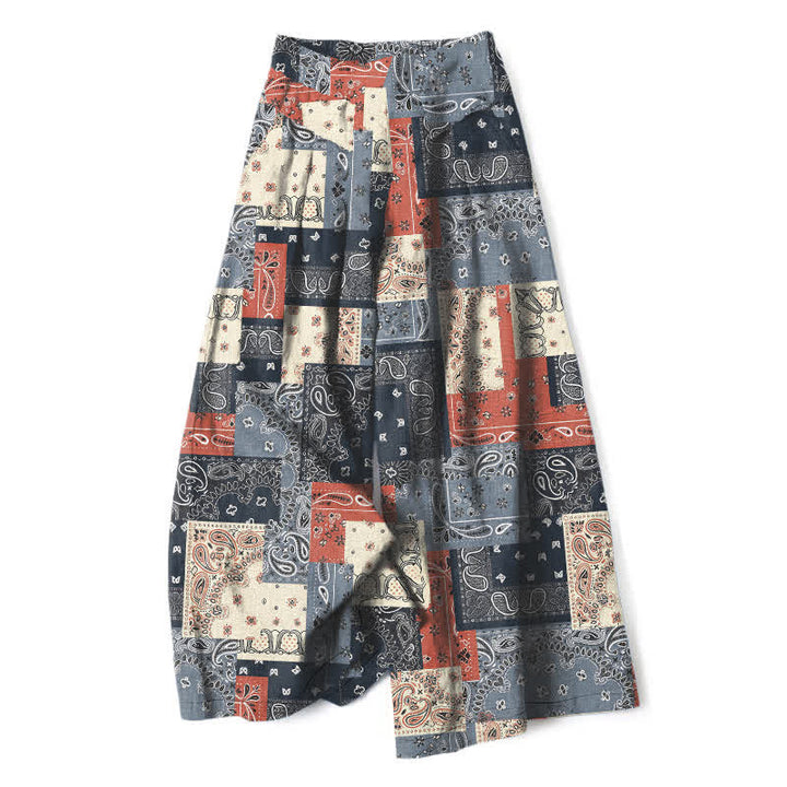 Buddha Stones Damenhose mit weitem Bein, elastischem Bund und Taschen, aus Baumwoll-Leinen-Mischgewebe im Patchwork-Paisley-Muster - Schiefergrau - US16, UK/AU20, EU48 (3XL) - image 0