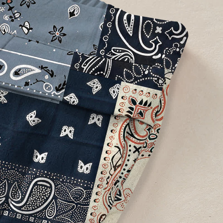 Buddha Stones Damenhose mit weitem Bein, elastischem Bund und Taschen, aus Baumwoll-Leinen-Mischgewebe im Patchwork-Paisley-Muster - image 3