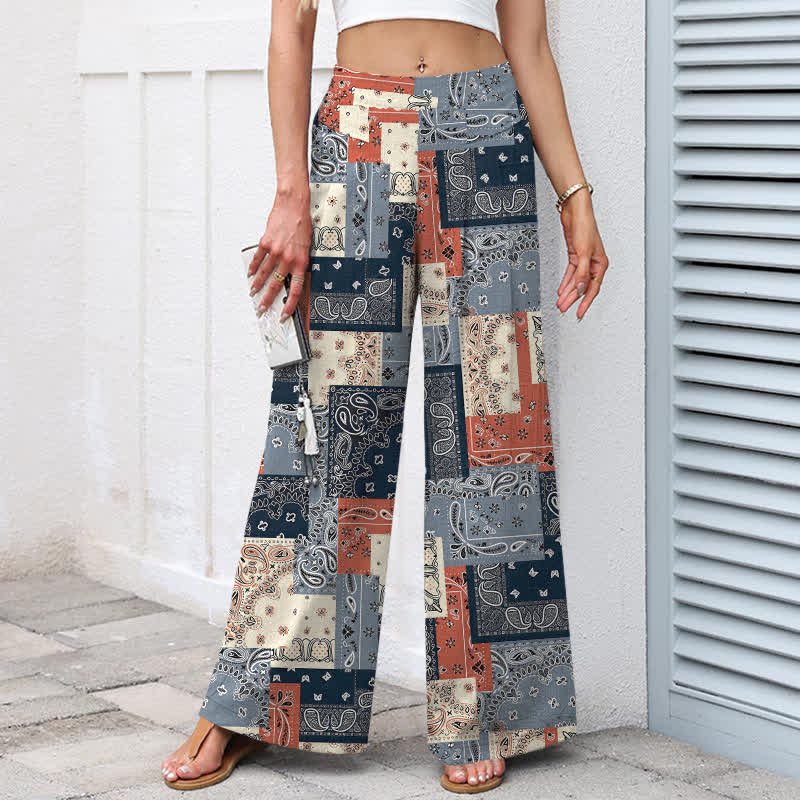 Buddha Stones Damenhose mit weitem Bein, elastischem Bund und Taschen, aus Baumwoll-Leinen-Mischgewebe im Patchwork-Paisley-Muster - image 1