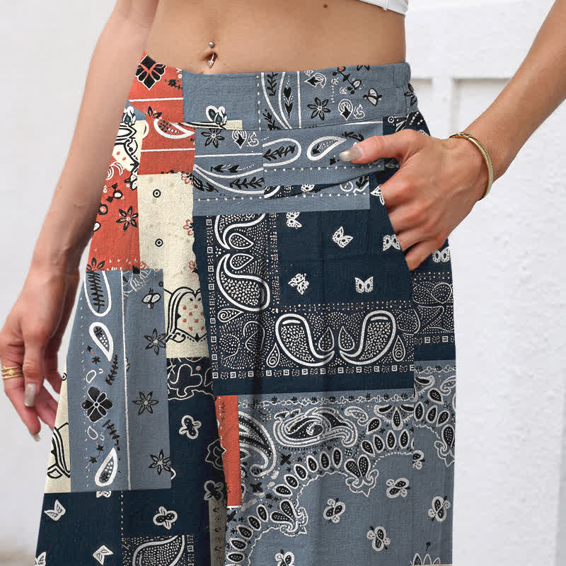 Buddha Stones Damenhose mit weitem Bein, elastischem Bund und Taschen, aus Baumwoll-Leinen-Mischgewebe im Patchwork-Paisley-Muster - image 2