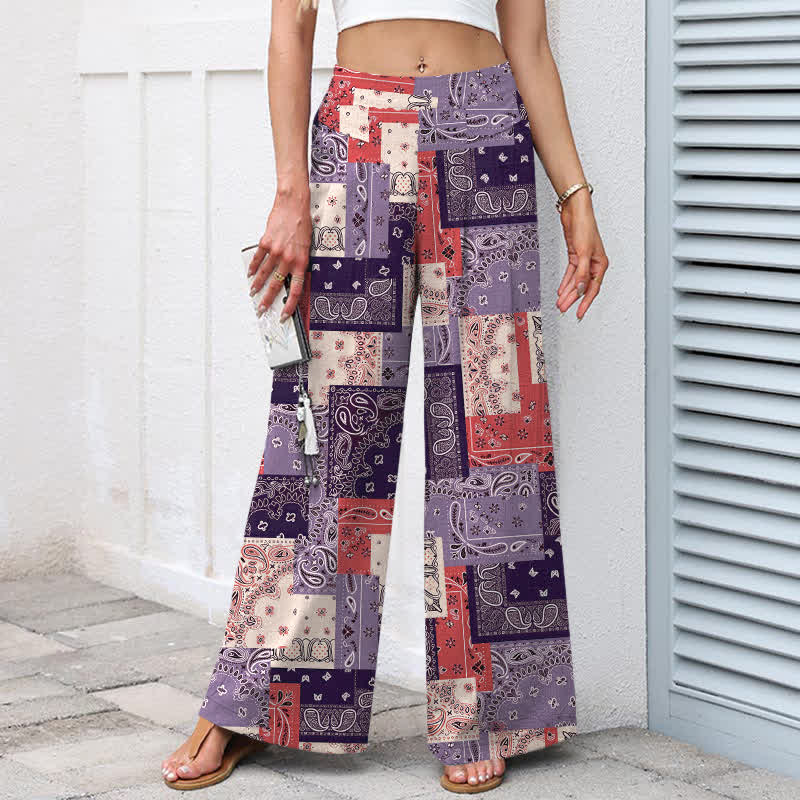 Buddha Stones Damenhose mit weitem Bein, elastischem Bund und Taschen, aus Baumwoll-Leinen-Mischgewebe im Patchwork-Paisley-Muster - image 6