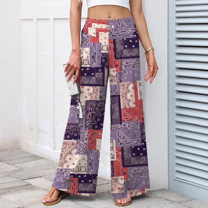 Buddha Stones Damenhose mit weitem Bein, elastischem Bund und Taschen, aus Baumwoll-Leinen-Mischgewebe im Patchwork-Paisley-Muster - image 6