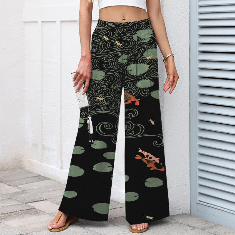 Buddha Stones Damenhose mit weitem Bein, elastischem Bund und Taschen, Baumwoll-Leinen-Mischgewebe, Lotusblatt-Koi-Fisch-Wellenmuster - image 1